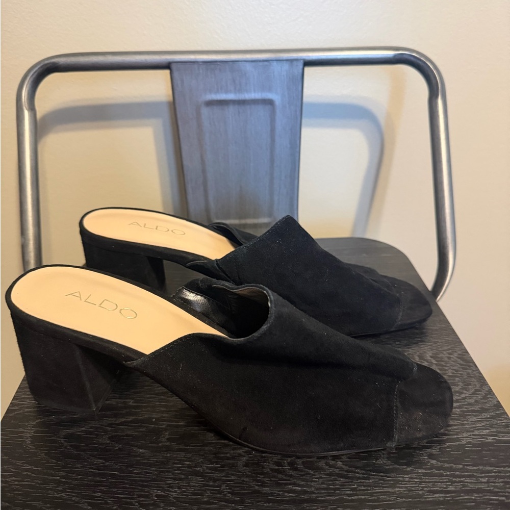 ALDO Black Mule Heels Size 10 Block Heel Slip On Suede Style Open Toe
